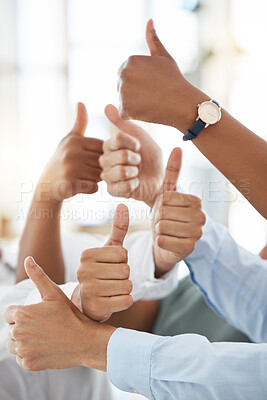 Buy stock photo Team thumbs up for corporate success, support with hand sign for business collaboration or thank you to partnership in work office. Workers trust, employee motivation and diversity at startup company