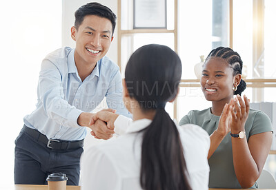 Buy stock photo Handshake, office and success with partnership deal together at corporate company meeting. Professional b2b agreement and negotiation with cheerful clapping applause in office workplace.

