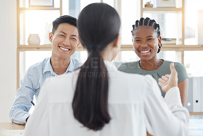 Buy stock photo HR business people listening to job interview hiring, meeting and discussion in corporate office. Human resources employees, management and recruitment company conversation with candidate for vacancy