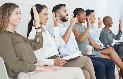Buy stock photo Recruitment, interview and candidate on chair in queue for work at business in tech, customer support or consulting. Company, hiring and question for group of people with diversity, happy and hand up