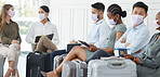 Face mask, covid compliance or people in airport terminal travel in safety healthcare law. People, business or tourist in covid 19 safety in immigration, medical security or international traveling
