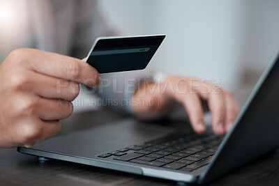 Buy stock photo Man hands, laptop and ecommerce credit card business payment technology. Customer check digital banking app, secure bank payment and online retail shopping internet or 5g fintech trading



