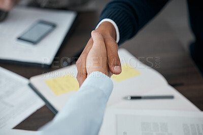 Buy stock photo Handshake, business and partnership agreement or office welcome in conference room after meeting. Professional people, hand and corporate collaboration of team, teamwork and b2b paperwork.