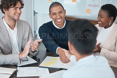 Buy stock photo Meeting, team and handshake with smile in deal, agreement or contract for business, finance or work. Partnership, teamwork and happy in office, group and strategy with planning, collaboration and job