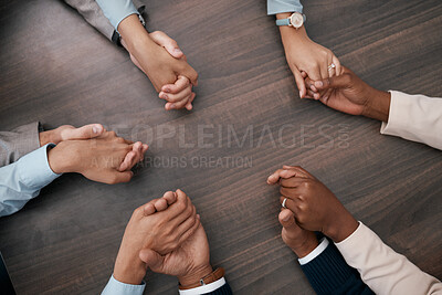 Buy stock photo Teamwork, collaboration and business people holding hands before meeting in the office. Diversity, team and support in corporate business with men and women employees connected together in circle