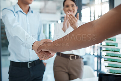 Buy stock photo Handshake, welcome and meeting of employee at a corporate company with clapping of hands. Business people with applause and shaking hands for partnership, support and agreement of deal at work