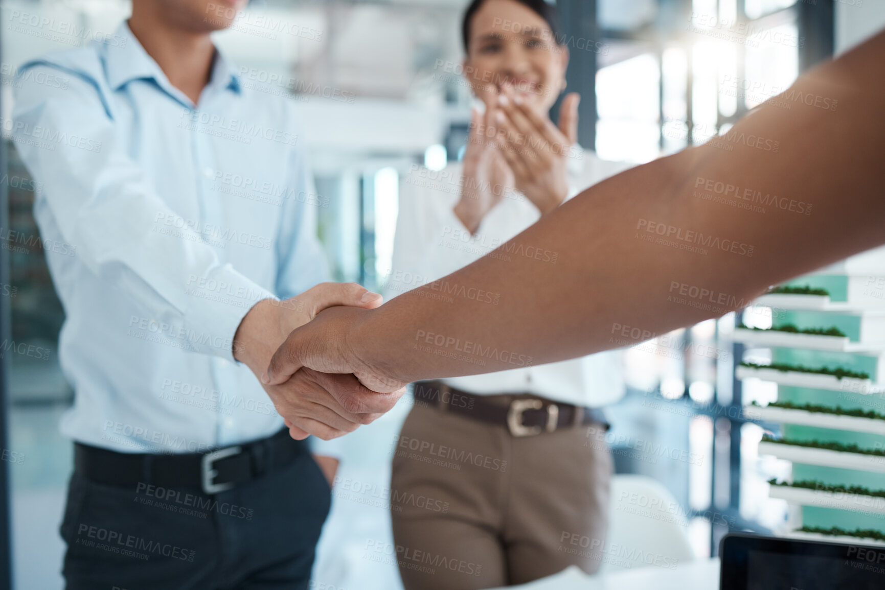 Buy stock photo Handshake, welcome and meeting of employee at a corporate company with clapping of hands. Business people with applause and shaking hands for partnership, support and agreement of deal at work