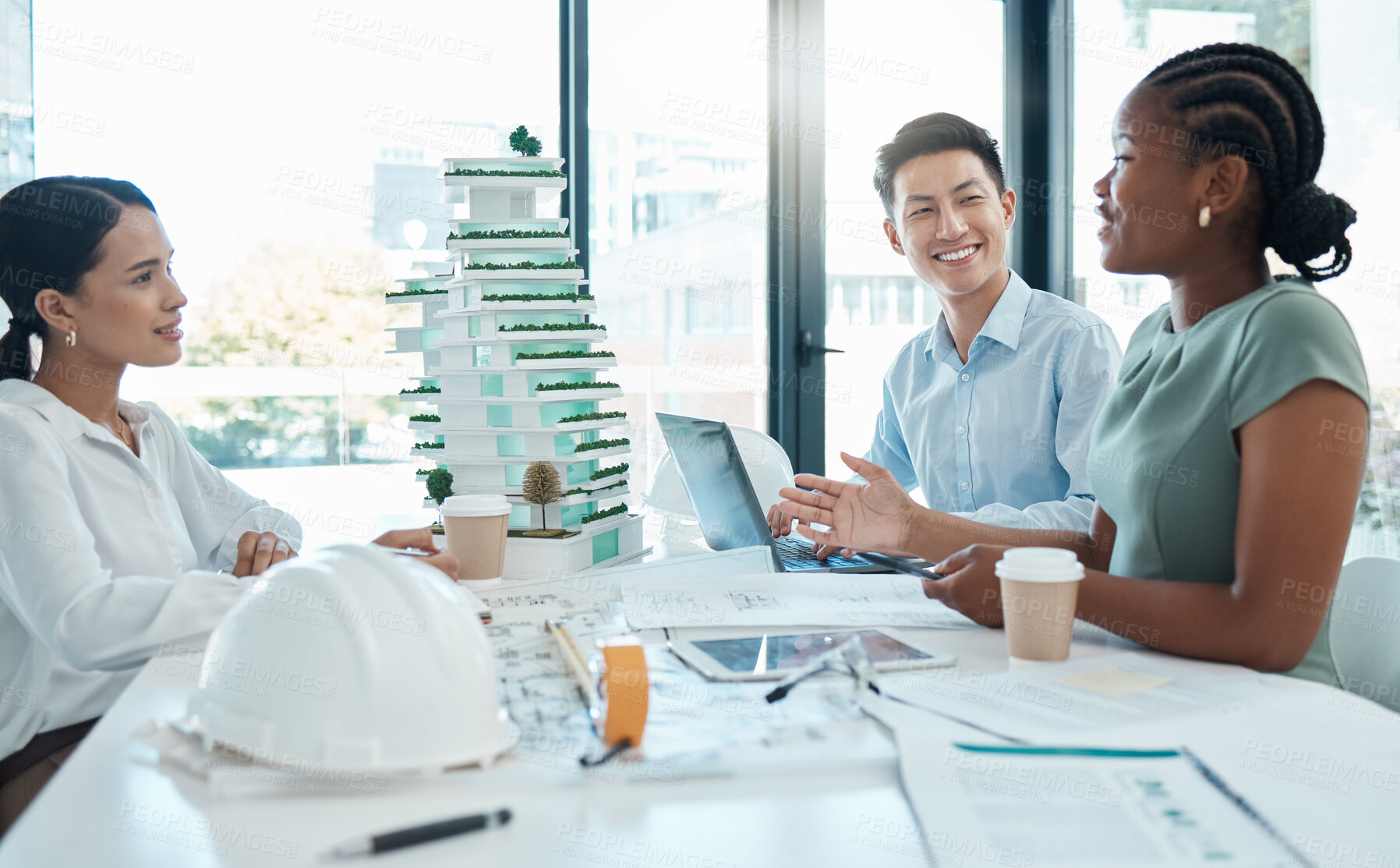 Buy stock photo Construction, planning and architects meeting about design of building, strategy and working in industrial collaboration. Architecture workers talking about maintenance project with paper and a model