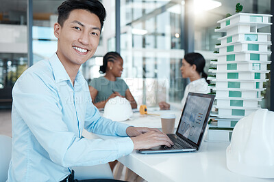 Buy stock photo Architect, man with laptop and architecture business, planning strategy and engineering data. Young Asian working, diversity and design model, corporate conference room and smile in portrait.