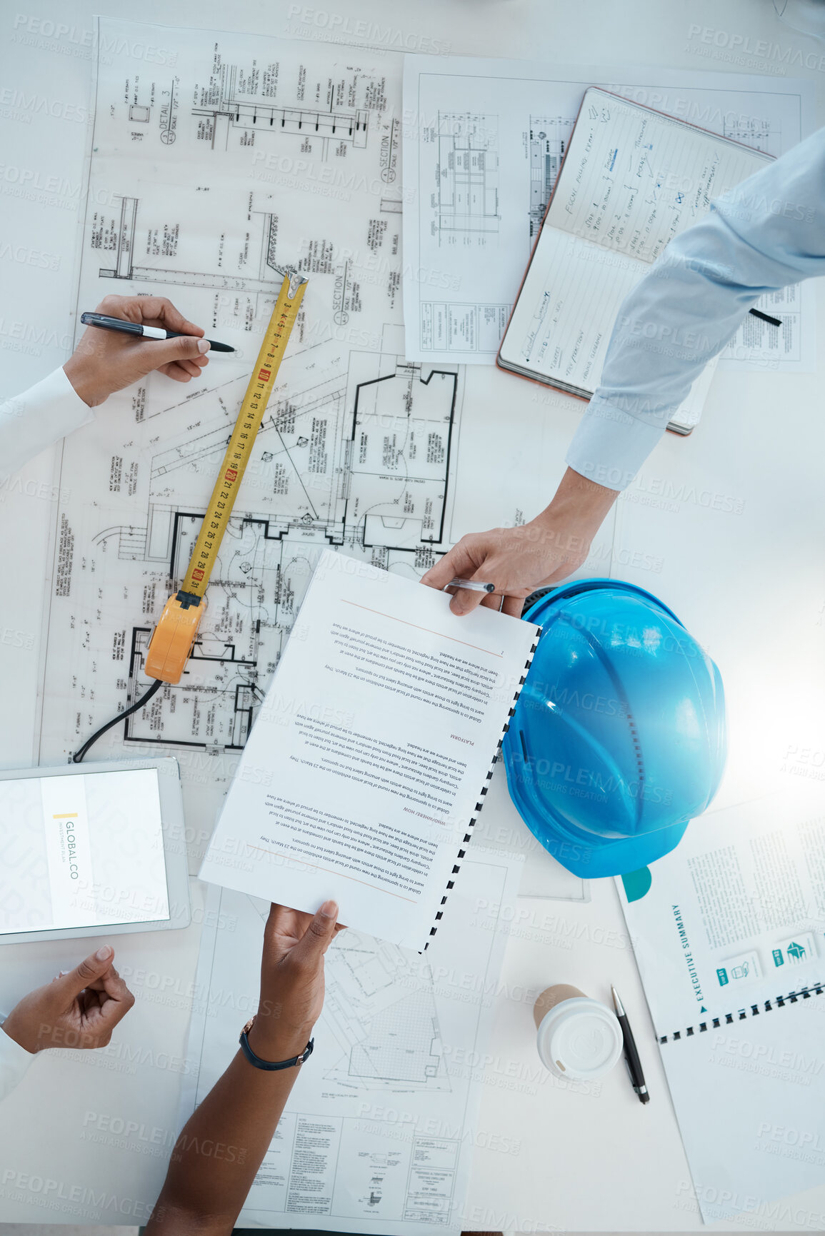 Buy stock photo Architect collaboration, construction business and paperwork, meeting and strategy, planning for project. Teamwork, engineering and tablet to research and helmet, corporate branding and blue print