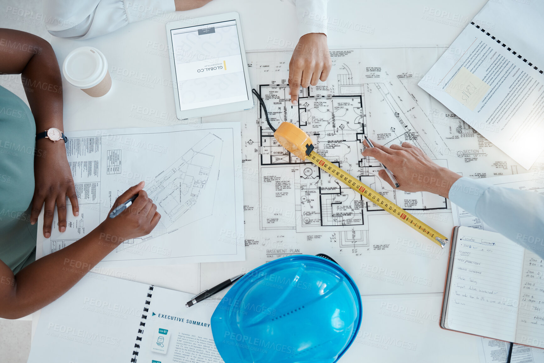 Buy stock photo Top view, hands and engineering meeting for the blueprint of a floor plan for a construction building group project. Productivity, architecture and global team working, drawing and planning a design