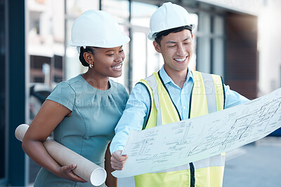 Buy stock photo Architecture, construction engineers or designers with blueprint paper talking or planning office building design. Smile, happy and property teamwork collaboration with real estate innovation vision