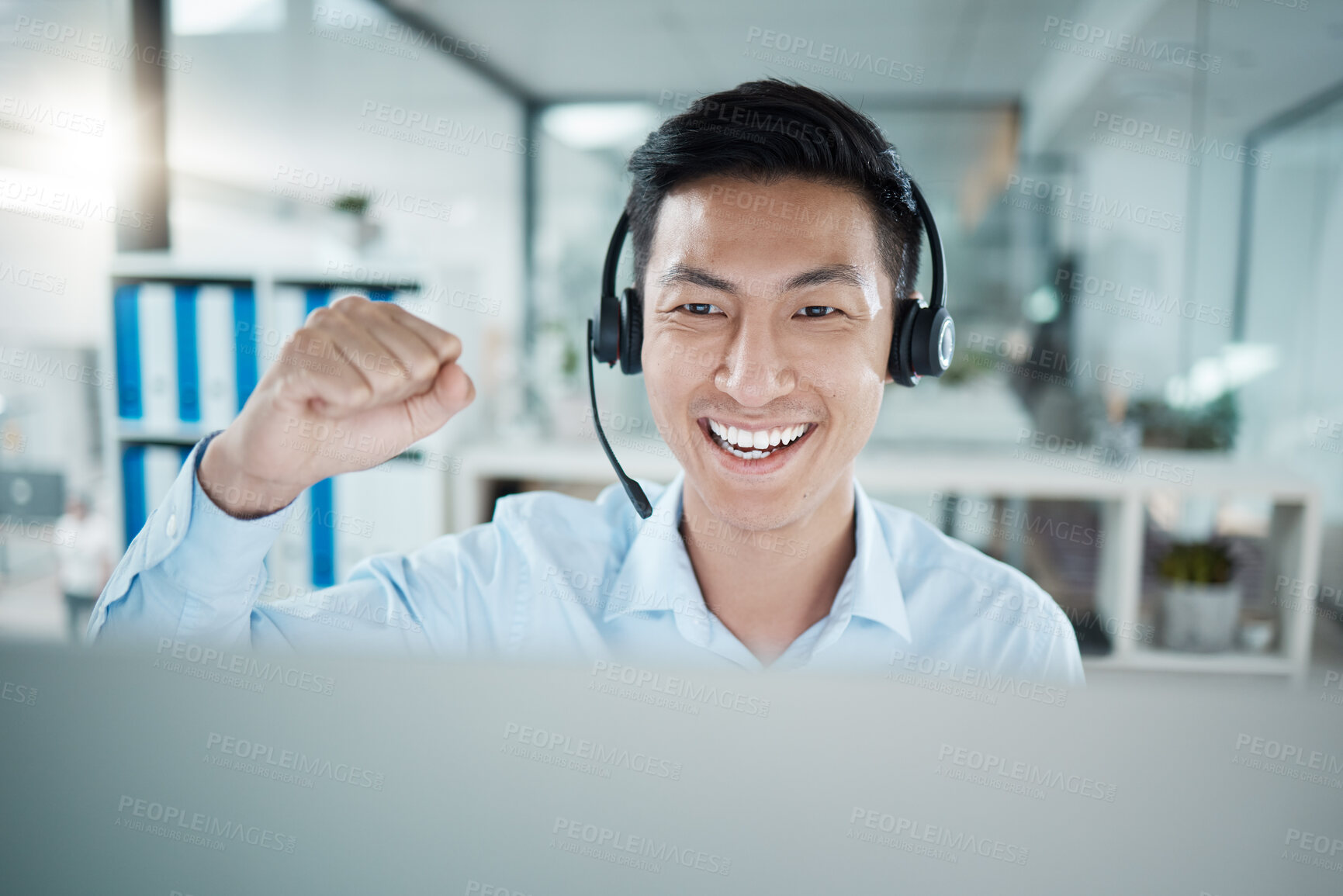 Buy stock photo Call center, success and sales consultant on target for winning a telemarketing or telecom bonus from a company. Asian, contact us and happy employee with a big smile for victory or goal achievement