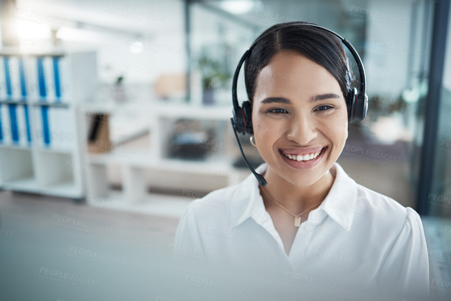 Buy stock photo Woman, smile and crm in call center, customer service and communication at office. Customer support, help and contact us at work for consulting, support or telemarketing with pc online as consultant