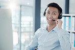 Consultant, portrait and asian man at call center support office in Hong Kong with happy smile. Professional customer service communication employee in online consulting workspace with headset.