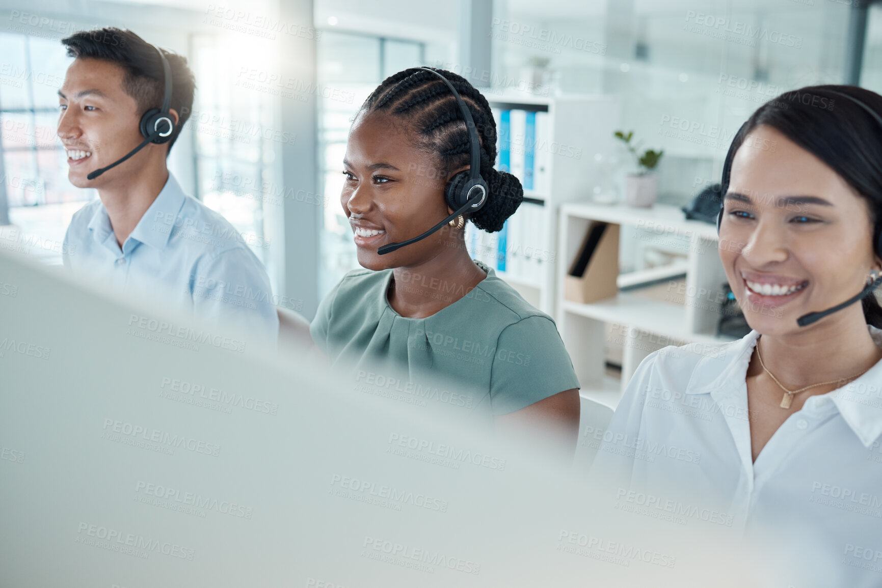 Buy stock photo Call center, team and happy business people in office with headset and smile on face. Work, crm and diversity in workplace for customer support operators. Teamwork, telemarketing and smiling workers