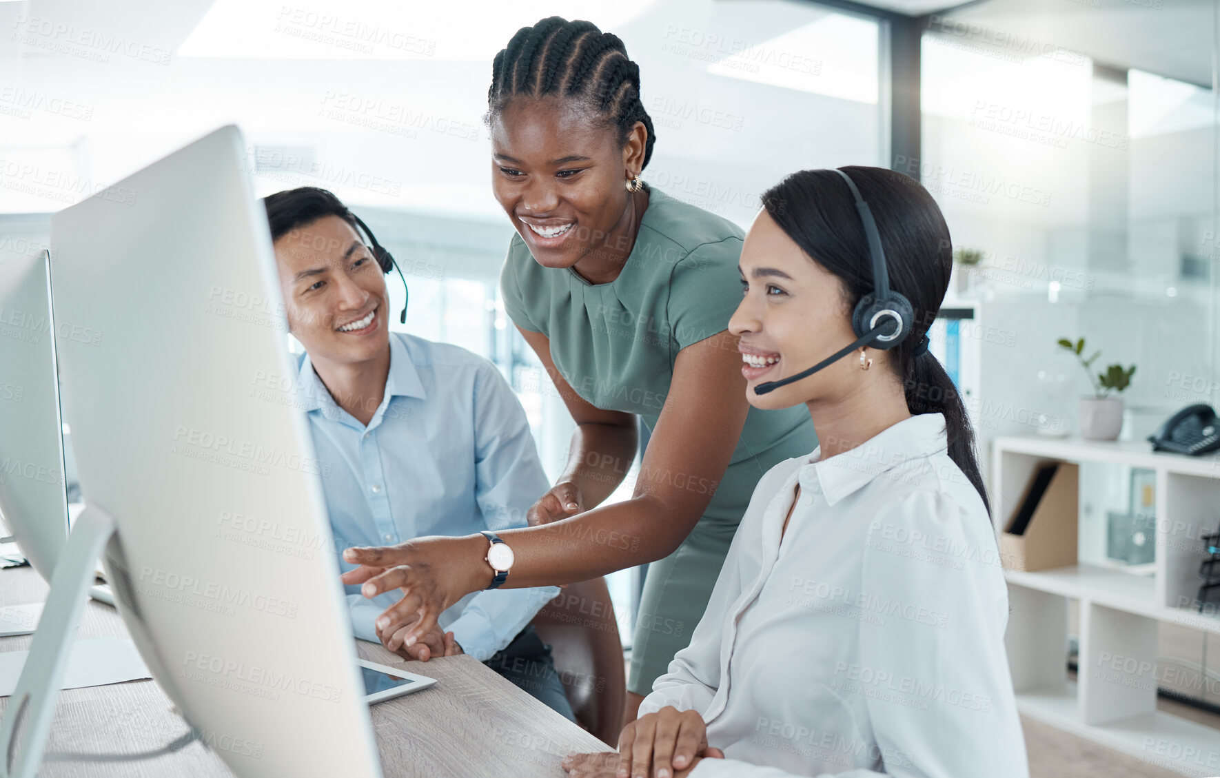 Buy stock photo Crm, call center and computer with training, team and smile at office for learning with manager. Man, woman and diversity in education in customer service, help and support at agency in telemarketing
