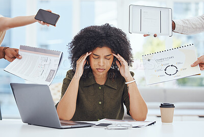 Buy stock photo Woman, stress and burnout in business, office and headache feeling tired, frustrated and overworked. Black woman, depression and mental health with anxiety, depressed and sad working in finance job