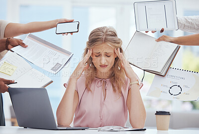 Buy stock photo Stress, burnout and busy woman in the office with headache, tasks and projects from coworkers. Overworked, tired and frustrated from working and multitasking on laptop, documents and email on phone