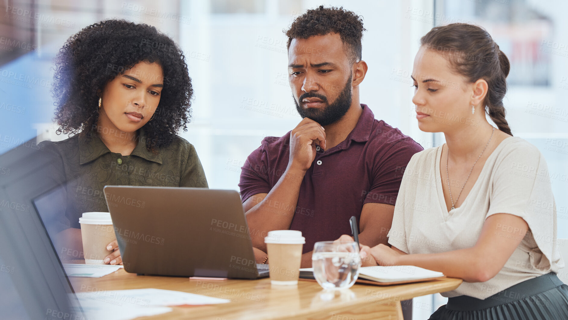 Buy stock photo Project management, collaboration and laptop with business people thinking in meeting for research, marketing strategy or idea. Innovation, data and consulting with employee working on digital review