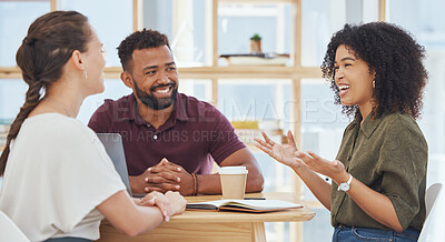 Buy stock photo Diversity, team and discussion for work startup company, planning or strategy for business in cafe at table. 
Brainstorming, teamwork and talk about creative collaboration in coffee shop or workplace