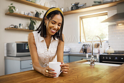 Buy stock photo Relax, coffee and happy with woman in kitchen for breakfast, health and energy in the morning. Happy, peace and lifestyle with girl and a cup of tea for drink, weekend and wellness in apartment home