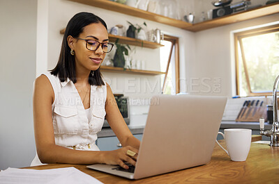 Buy stock photo Remote work, busines woman and use laptop for typing, planning for startup company and strategy for finance. Entrepreneur, digital device or work from home being focus, thinking or writer copywriting