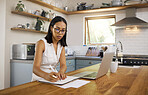 Research, laptop and woman writing in kitchen for remote work with notebook, internet and networking online in the morning. Innovation, management and technology with girl at table for communication