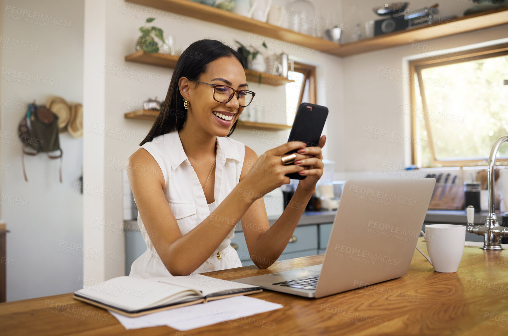 Buy stock photo Remote work, home and business woman with phone for communication, connection and typing while smile, happy and relax. Entrepreneur, excited and with laptop for planning, startup company or strategy.