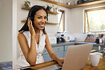 Work from home, laptop and telemarketing woman in portrait for crm customer service, virtual online support or digital manager. Call center consultant, agent or business remote worker in her kitchen