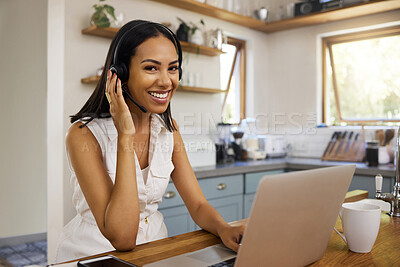 Buy stock photo Work from home, laptop and telemarketing woman in portrait for crm customer service, virtual online support or digital manager. Call center consultant, agent or business remote worker in her kitchen