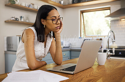 Buy stock photo Stress, burnout and laptop with woman in kitchen with mental health, tired or depression from remote work. Review, sad and research with bored girl reading email at home for news, idea and technology