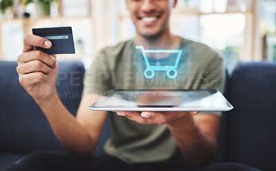 Buy stock photo Tablet, credit card or online shopping 3d cart for man in house, home or living room lockdown. Zoom, hands or happy smile customer with e commerce technology, bank payment or ecommerce ai order