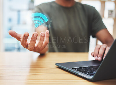 Buy stock photo Overlay, wifi and entrepreneur with internet connection for fast browsing or searching online via laptop signal device, Digital, hologram and person networking on a global ai app or secure website 