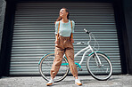 Woman, happy and bike with backpack on travel in city with fashion on road outdoor. Black woman, bag and smile for holiday, tourism or or vacation with bicycle in summer on street in San Francisco