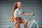 Bike, woman and with phone in city with bicycle talk while outdoor in summer with fresh, edgy and trendy look. Eco friendly transportation, smile and happy girl have conversation, relax and in street