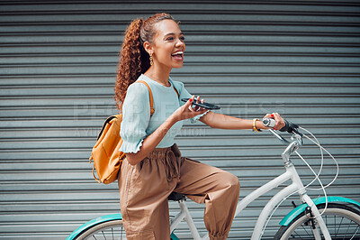 Buy stock photo Bike, woman and with phone in city with bicycle talk while outdoor in summer with fresh, edgy and trendy look. Eco friendly transportation, smile and happy girl have conversation, relax and in street