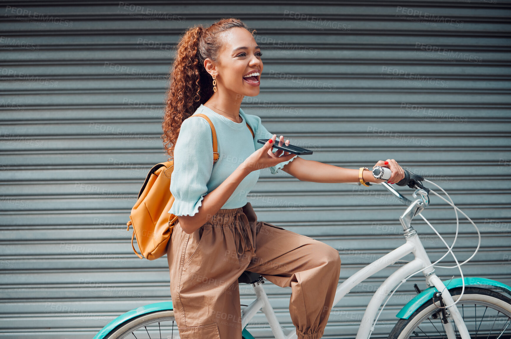 Buy stock photo Bike, woman and with phone in city with bicycle talk while outdoor in summer with fresh, edgy and trendy look. Eco friendly transportation, smile and happy girl have conversation, relax and in street