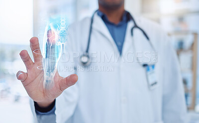 Buy stock photo Healthcare, hands and technology interface with digital xray virtual screen with doctor for research, results or search on internet in hospital. Medical, innovation and DNA with professional at work