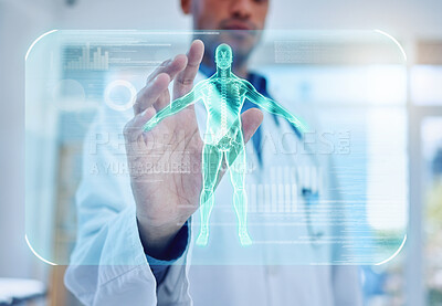 Buy stock photo 3D xray, hand or doctor and man human body scan, injury or skeleton ai in surgery, cancer research or hospital healthcare science. Zoom, x ray or medical ai interface of bone vr in patient hologram