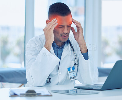 Buy stock photo Doctor, headache and hospital with burnout, laptop and technology tired at workplace. Medic, hands and head with pain, frustrated and stress working in clinic, medical or healthcare facility in Miami
