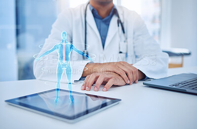 Buy stock photo Hands, tablet and hologram with a doctor in healthcare for help, trust or diagnosis while using a 3d ux dashboard in his office. Digital, futuristic x ray and medicine with a male surgeon in a clinic