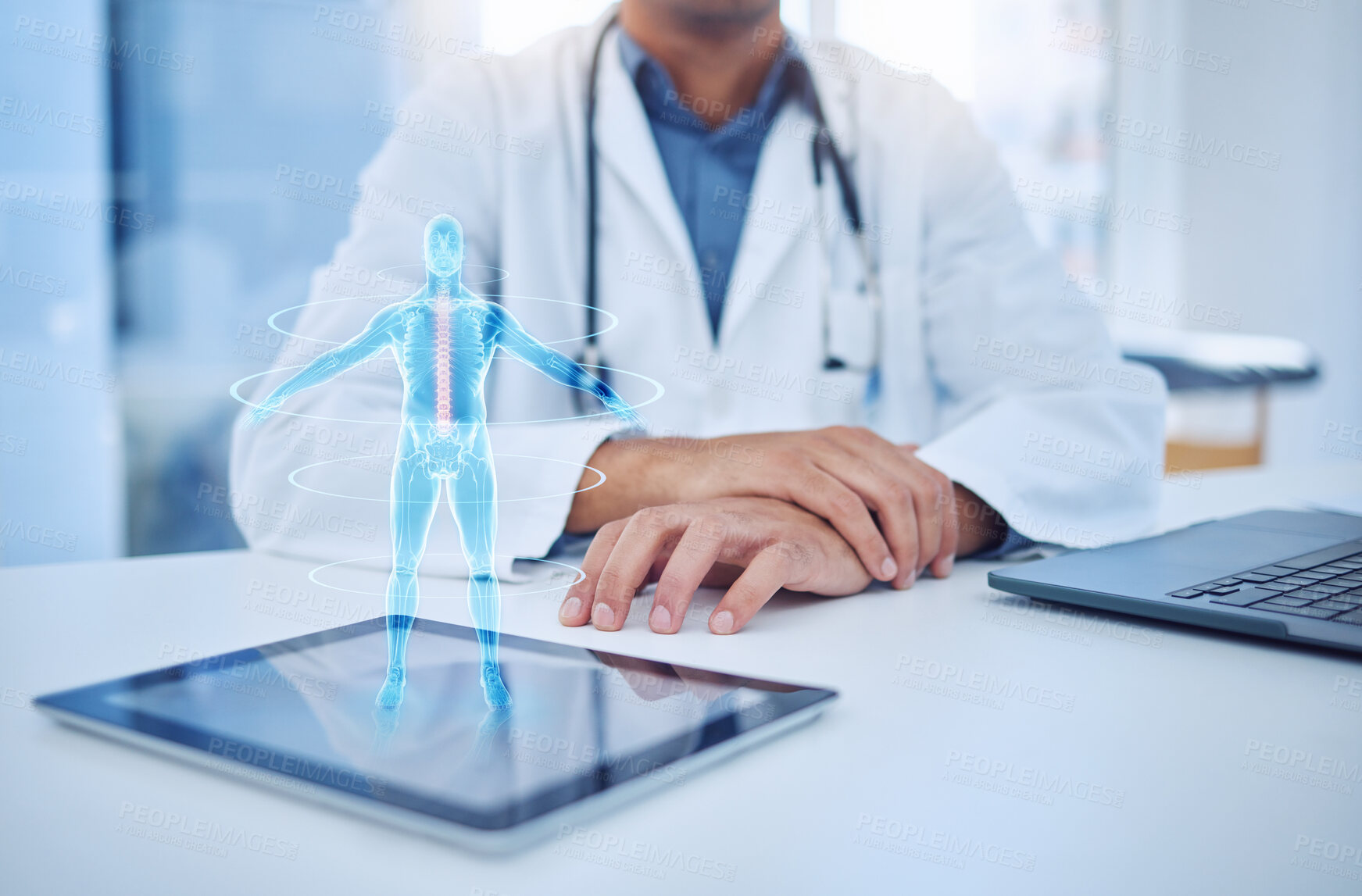Buy stock photo Hands, tablet and hologram with a doctor in healthcare for help, trust or diagnosis while using a 3d ux dashboard in his office. Digital, futuristic x ray and medicine with a male surgeon in a clinic