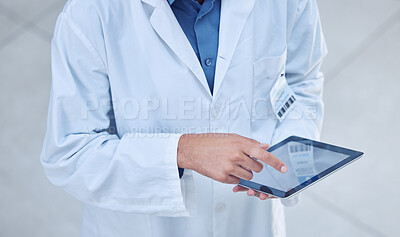 Buy stock photo Doctor hands, man and tablet mockup with test data analysis, lab information or healthcare insurance application. Zoom, medical trust and hospital worker and technology for wellness medicine research