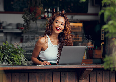 Buy stock photo Woman, laptop and ideas in coffee shop, restaurant or Brazilian cafe for remote work, blog writing or ebook planning. Smile, happy and curious student with technology, learning innovation or strategy