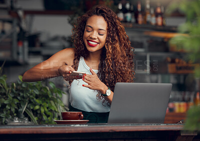 Buy stock photo Coffee, phone and blog with woman in cafe with laptop for social media influencer, advertising or small business. Happy, technology or internet with girl in coffee shop and picture for online website