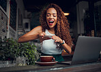 Black woman in coffee shop taking picture of coffee on her phone while working on laptop. Happy, excited young student with computer in cafe, taking photograph of drink on smartphone for social media