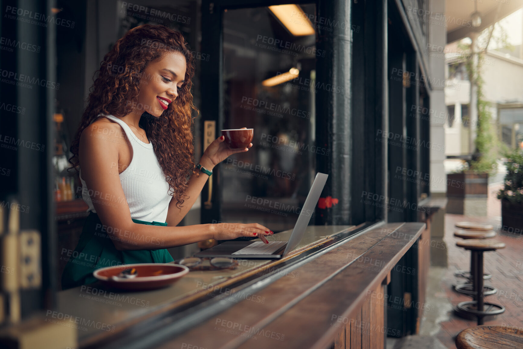 Buy stock photo Remote work in cafe, laptop and blogger, woman with a coffee, working on content research for blog. Young, creative writer and freelance work, social network and internet search for ideas.