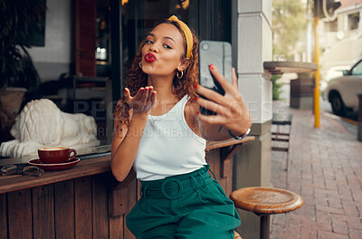 Buy stock photo Cafe, smartphone selfie and black woman with coffee for social media restaurant review, marketing and gen z lifestyle. Influencer customer at coffee shop using phone photography for online profile
