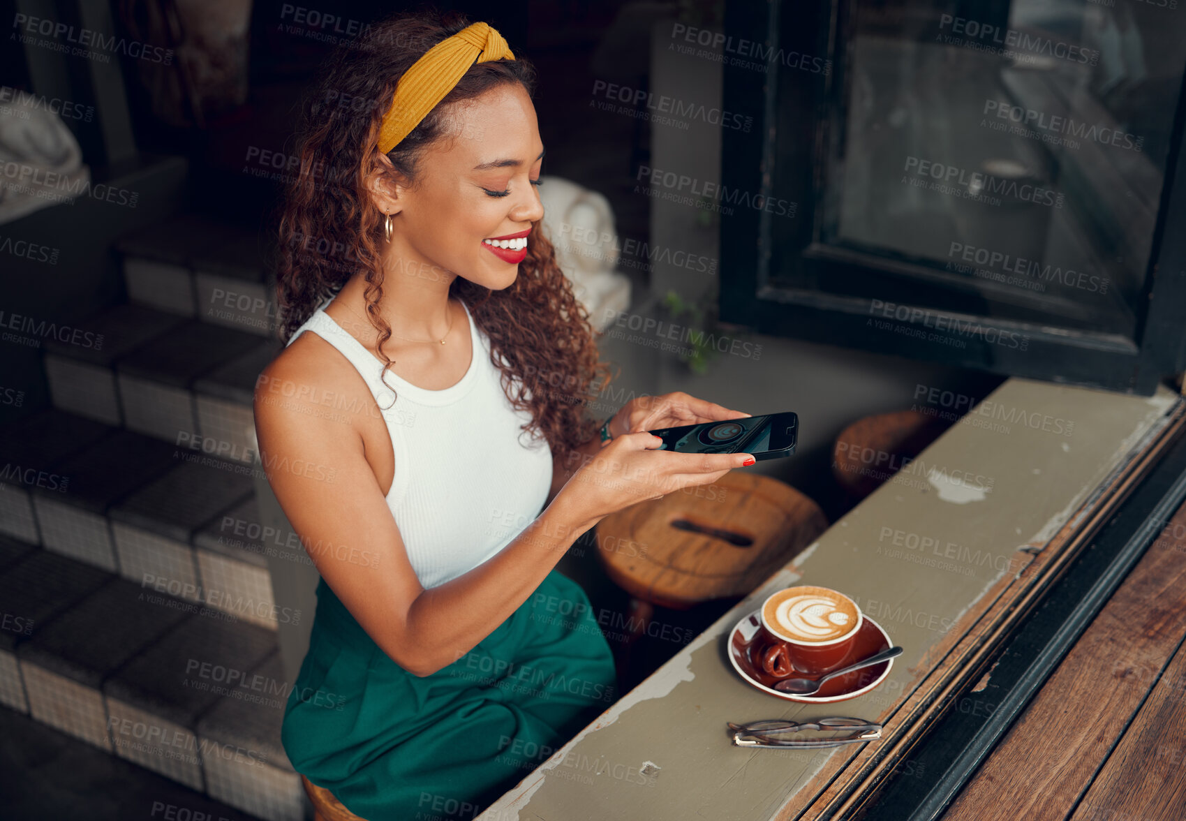 Buy stock photo Phone, cafe and girl taking photograph of coffee to post on social media or restaurant review website. Happy woman in coffee shop in Brazil with smartphone, creative photo and cappuccino or latte art